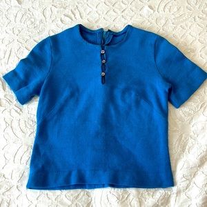 Vintage wool blouse, three buttons up front sparkly trim at the neckline. teal